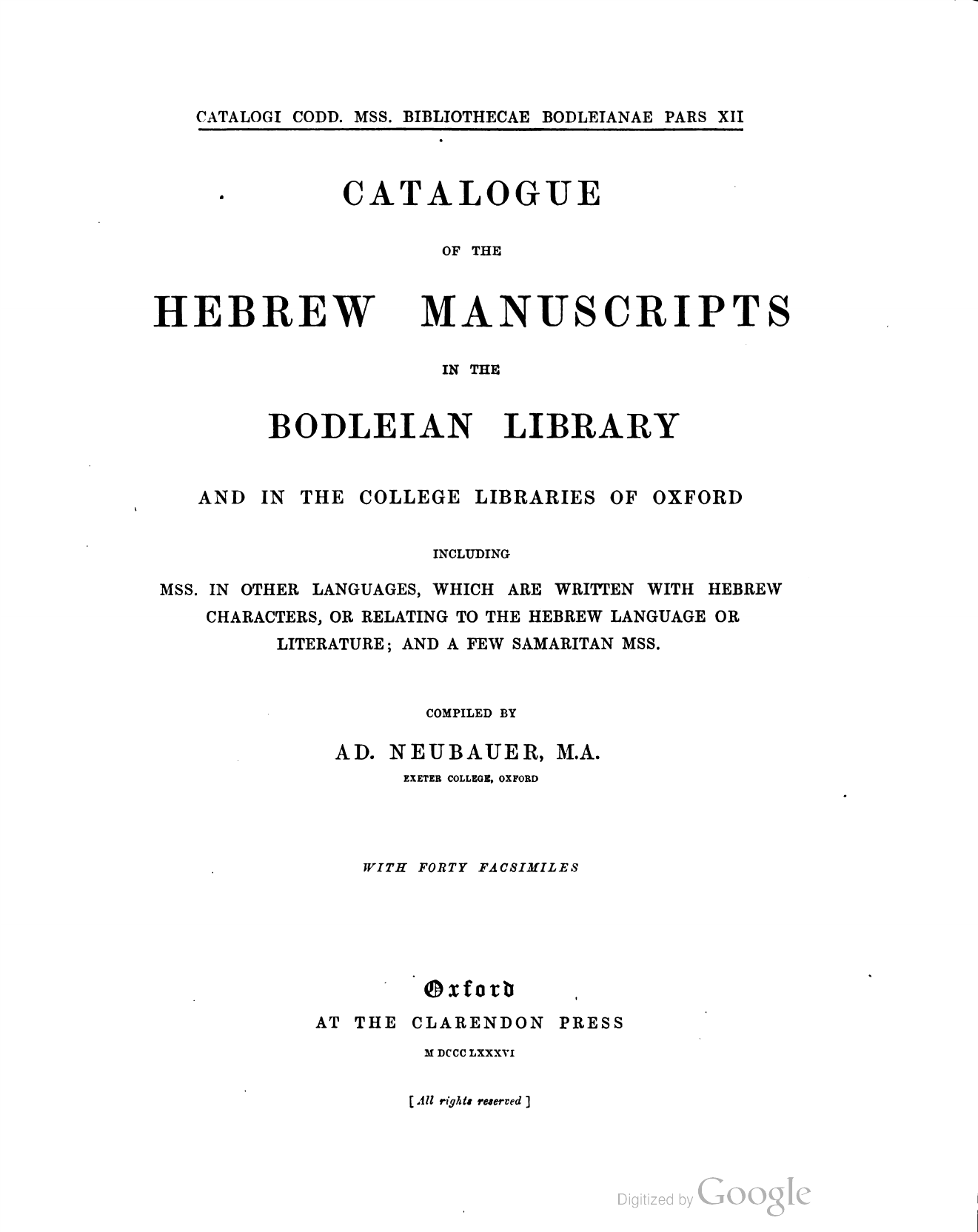 Page de titre du Catalogue of the Hebrew Manuscripts in the Bodleian Library, par A.D. Neubauer, Oxford, Clarendon Press, 1886